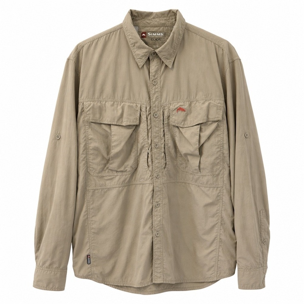 Simms Fishing Shirt Mens Large Tan Good Guide Series Long Sleeve Nylon Button Up